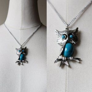 Vintage Silver & Turquoise Textured Owl on Branch Pendant Curb Chain Necklace